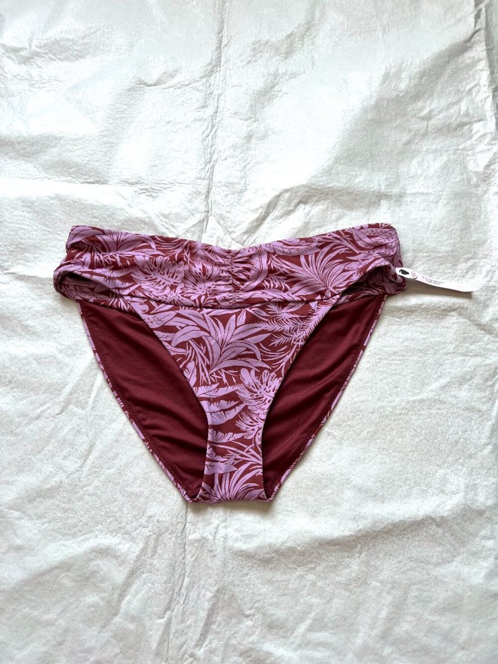Victorias Secret Bikini Bottom Tropical Palm Ruched pink maroon XL high waist